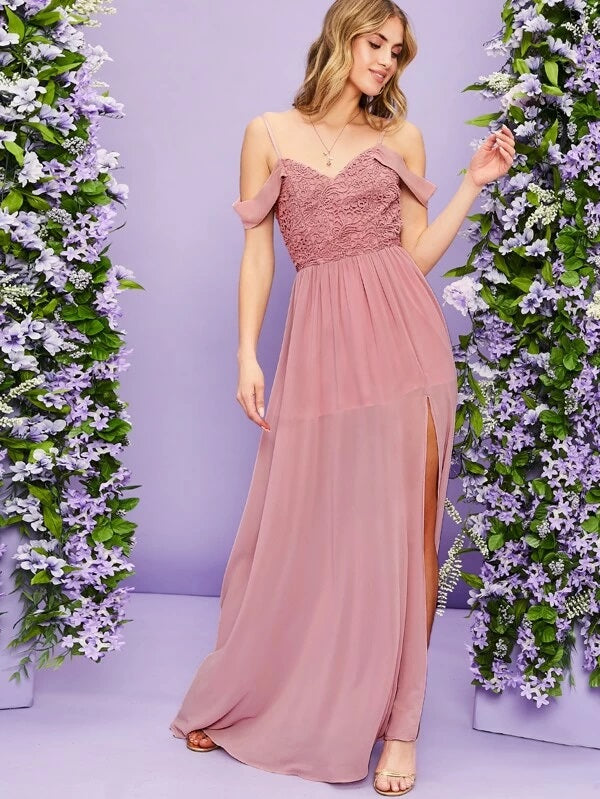 CM-DS224956 Women Elegant Seoul Style Guipure Lace Overlay Bodice High Split Hem Dress - Pink