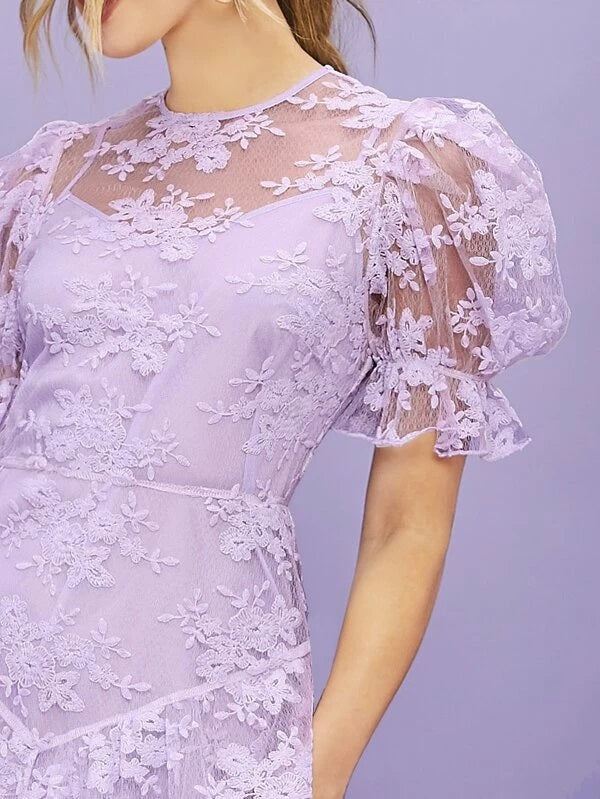 CM-DS225787 Women Elegant Seoul Style Puff Sleeve Ruffle Trim Embroidered Mesh Overlay Dress - Purple