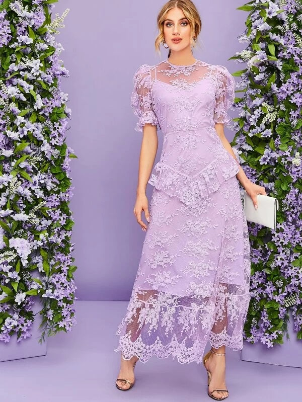 CM-DS225787 Women Elegant Seoul Style Puff Sleeve Ruffle Trim Embroidered Mesh Overlay Dress - Purple