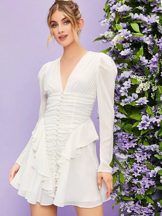 CM-DS225895 Women Elegant Seoul Style Gigot Sleeve Button Front Ruched Short Dress - White