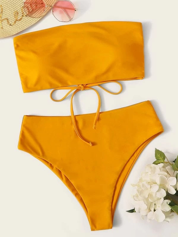 CM-SWS217295 Women Trendy Seoul Style Tie Back Bandeau With High Waist Bikini Set - Yellow