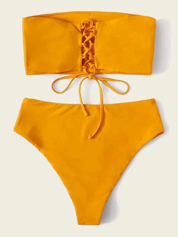 CM-SWS217295 Women Trendy Seoul Style Tie Back Bandeau With High Waist Bikini Set - Yellow