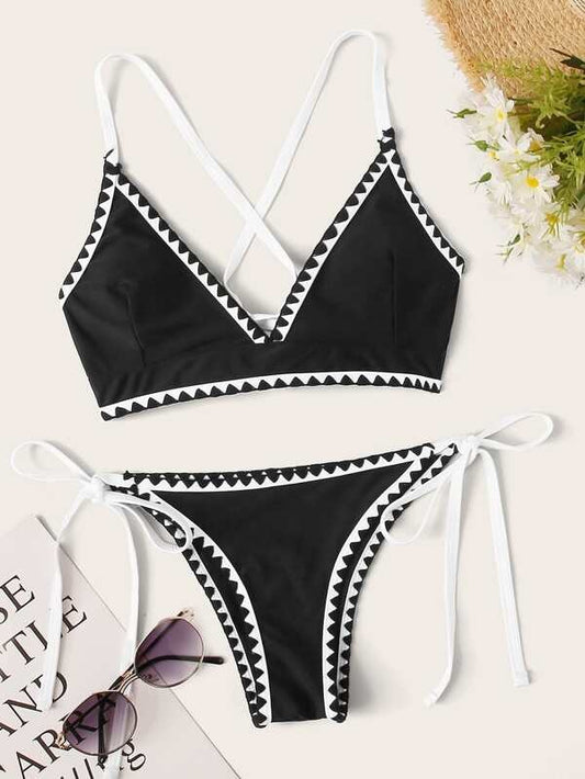 CM-SWS217255 Women Trendy Seoul Style Whip Stitch Criss Cross Top With Tie Side Bikini Set