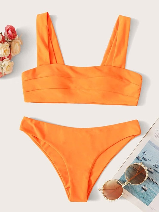CM-SWS217981 Women Trendy Seoul Style Seam Detail Top With Panty Bikini Set - Orange