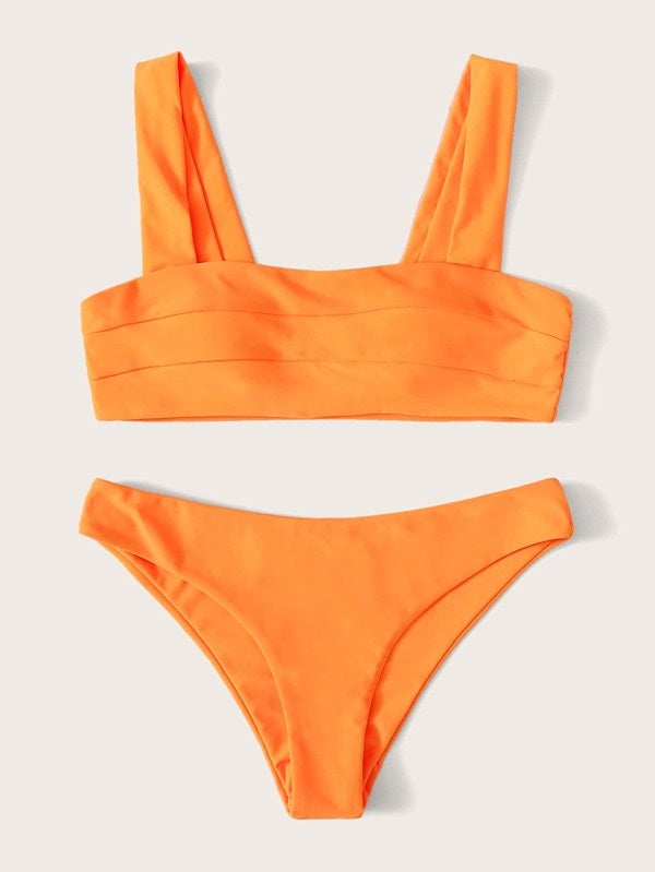 CM-SWS217981 Women Trendy Seoul Style Seam Detail Top With Panty Bikini Set - Orange