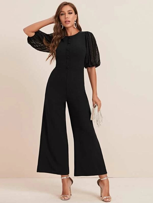 CM-JS212317 Women Elegant Seoul Style Round Neck Swiss Dot Puff Sleeve Palazzo Jumpsuit - Black