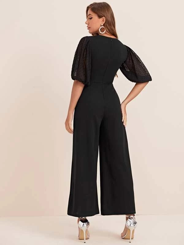 CM-JS212317 Women Elegant Seoul Style Round Neck Swiss Dot Puff Sleeve Palazzo Jumpsuit - Black