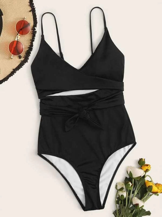 CM-SWS218450 Women Trendy Seoul Style Wrap Tie Front One Piece Swimsuit - Black