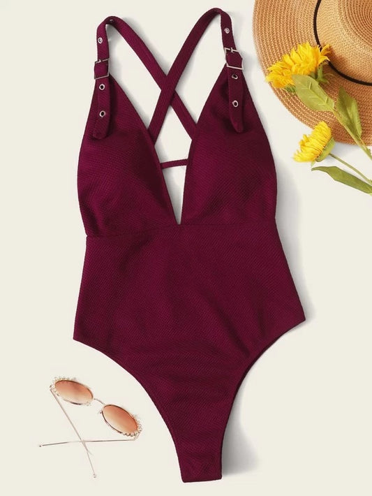 CM-SWS218015 Women Trendy Seoul Style Eyelet Buckle Criss Cross One Piece Swimsuit - Wine Red