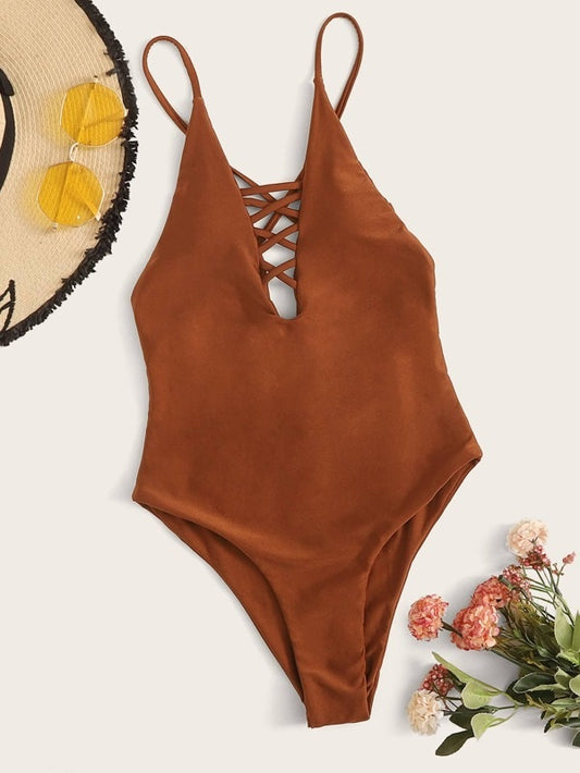 CM-SWS219131 Women Trendy Seoul Style Lattice Front Tie Back One Piece Swimsuit - Brown