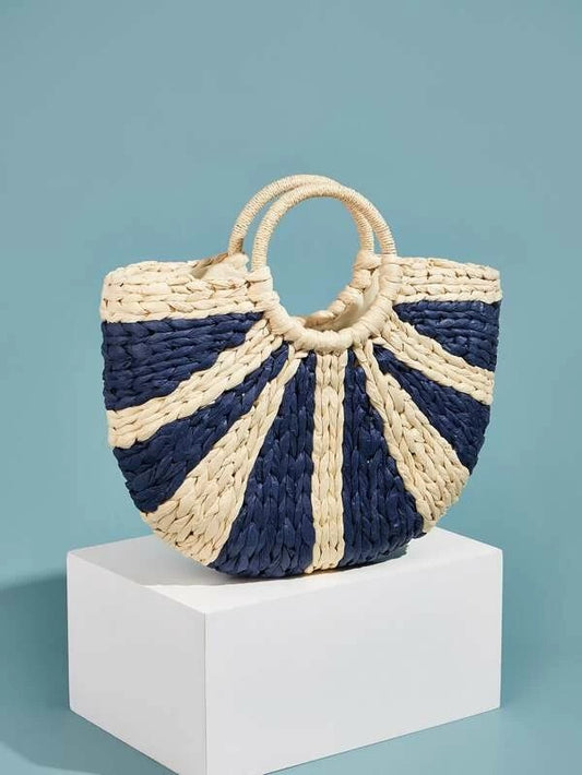 CM-BGS219957 Women Trendy Bohemian Style Ring Handle Two Tone Woven Satchel Bag