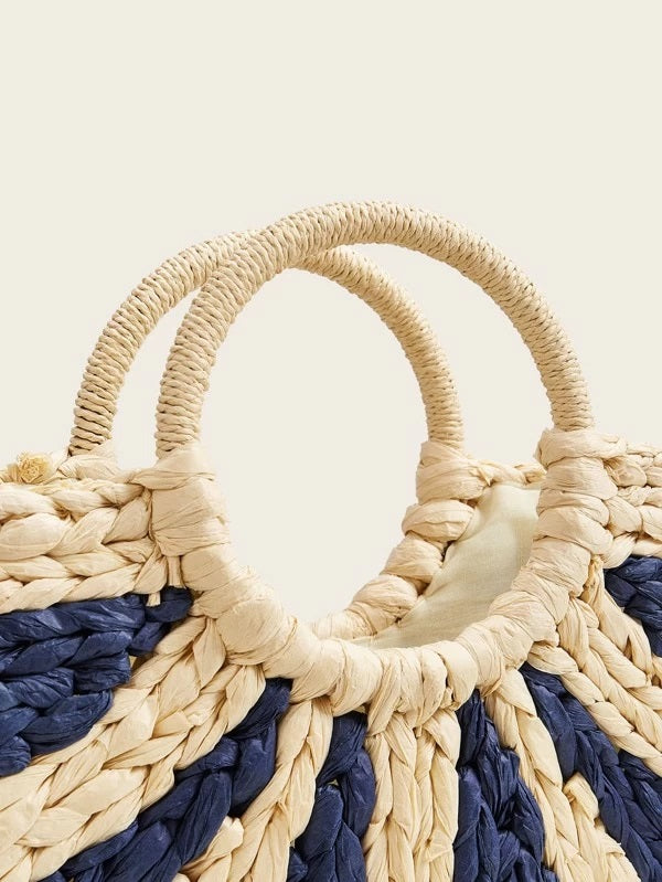 CM-BGS219957 Women Trendy Bohemian Style Ring Handle Two Tone Woven Satchel Bag