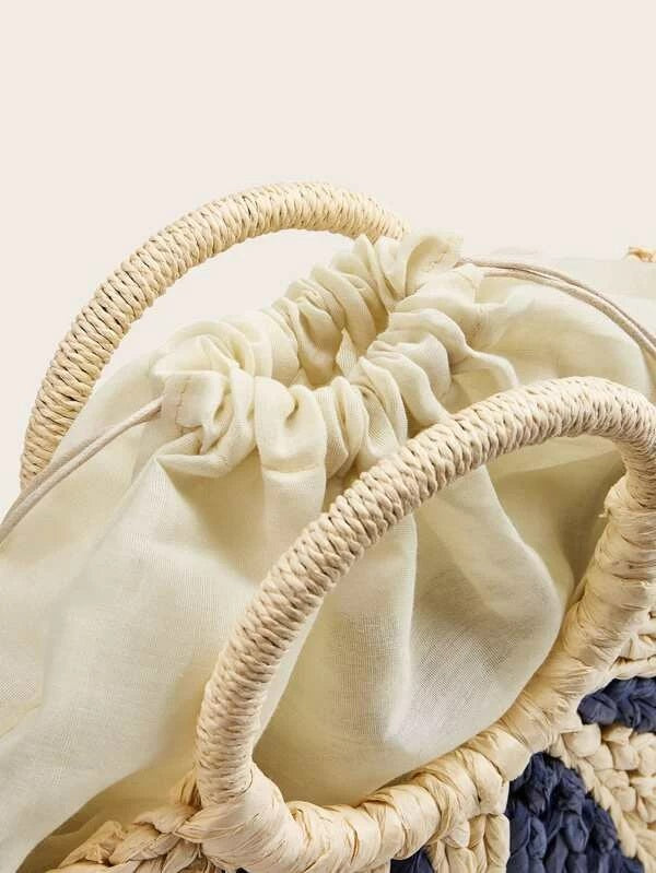 CM-BGS219957 Women Trendy Bohemian Style Ring Handle Two Tone Woven Satchel Bag