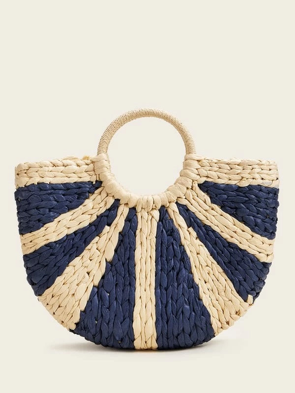 CM-BGS219957 Women Trendy Bohemian Style Ring Handle Two Tone Woven Satchel Bag