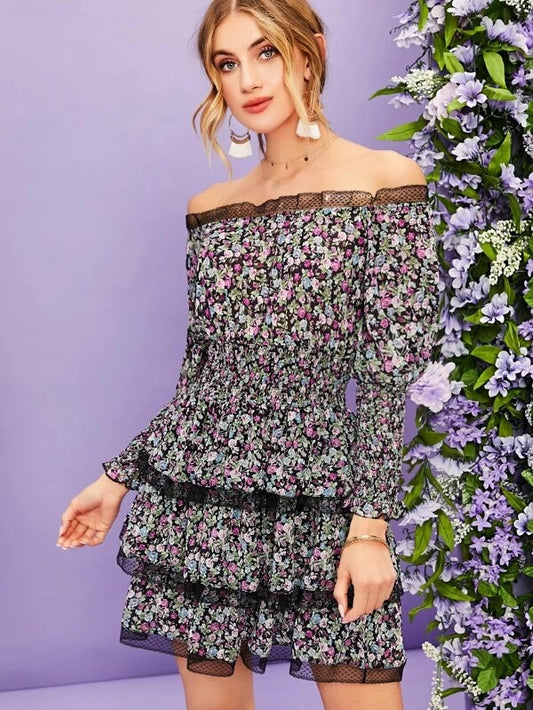 CM-DS228900 Women Bohemian Style Mesh Trim Shirred Waist Layered Ditsy Floral A-Line Dress