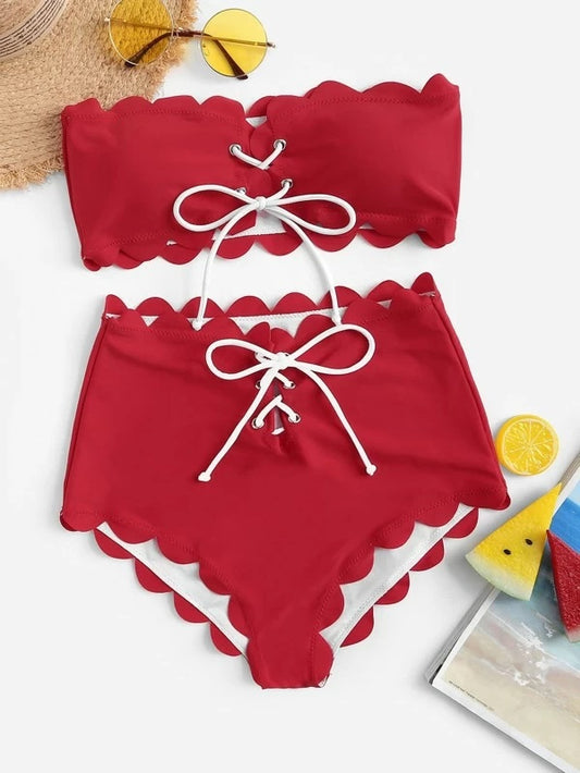 CM-SWS220580 Women Trendy Seoul Style Scallop Trim Lace Up Front Bandeau Bikini Set - Red