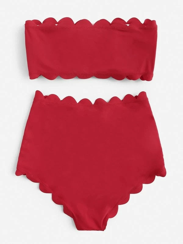 CM-SWS220580 Women Trendy Seoul Style Scallop Trim Lace Up Front Bandeau Bikini Set - Red