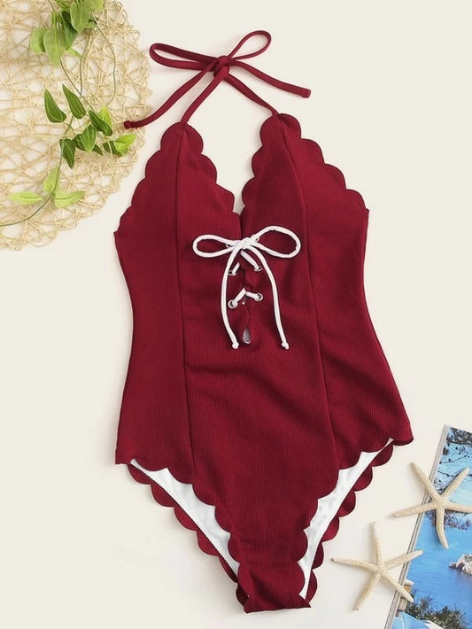 CM-SWS220164 Women Trendy Seoul Style Rib Lace Up Front Scallop Trim One Piece Swimsuit