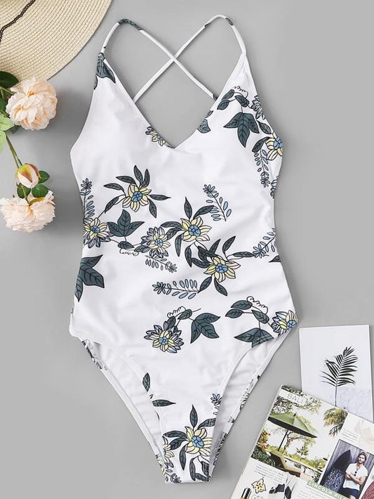 CM-SWS220193 Women Trendy Seoul Style Floral Print Tie Back One Piece Swimsuit - White
