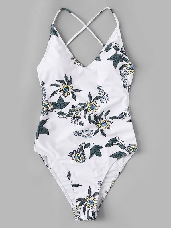 CM-SWS220193 Women Trendy Seoul Style Floral Print Tie Back One Piece Swimsuit - White
