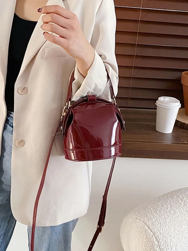 CM-BGS220749 Women Casual Seoul Style Patent Leather Bucket Satchel Bag - Red