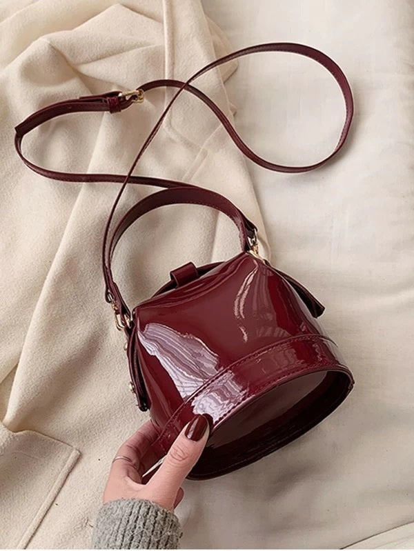 CM-BGS220749 Women Casual Seoul Style Patent Leather Bucket Satchel Bag - Red