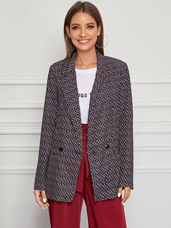 CM-CS219450 Women Elegant Seoul Style Geometric Print Long Sleeve Double Button Blazer