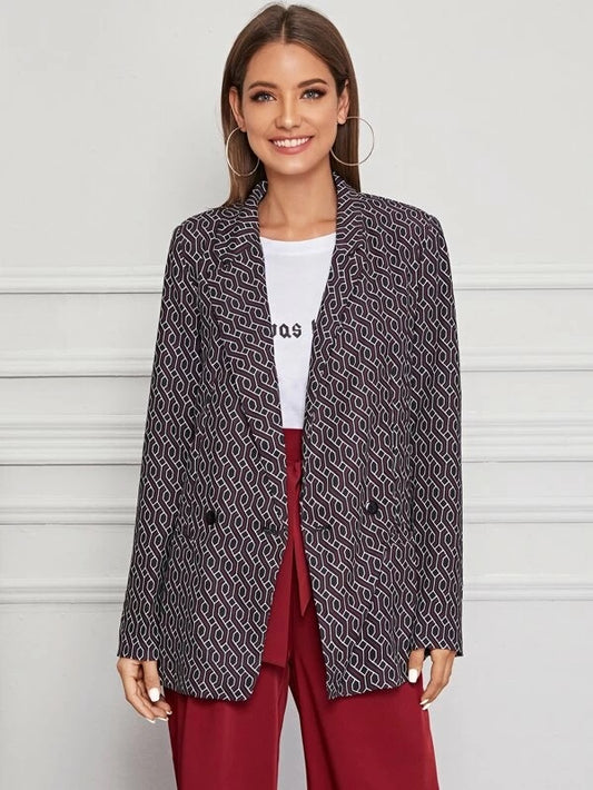 CM-CS219450 Women Elegant Seoul Style Geometric Print Long Sleeve Double Button Blazer