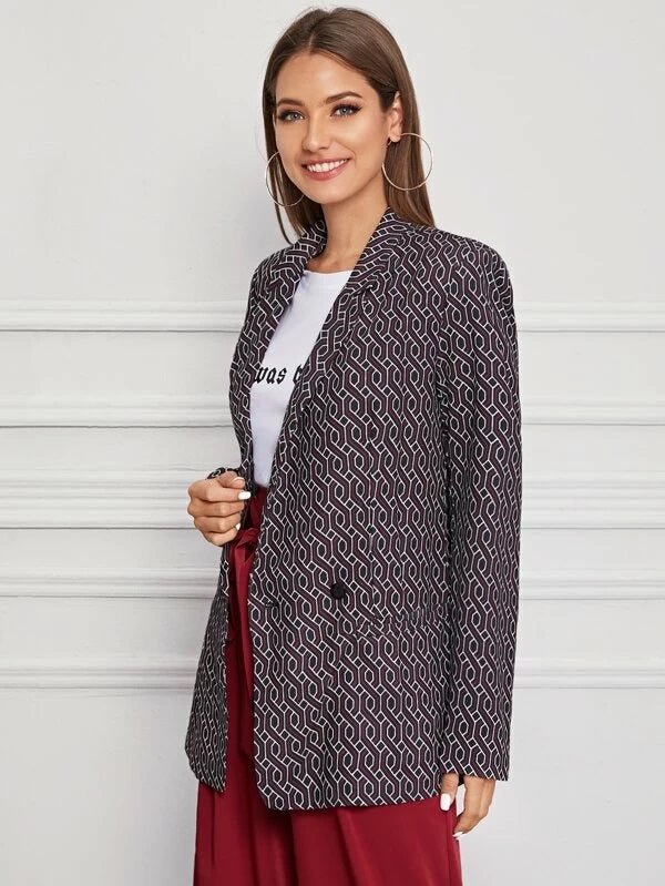 CM-CS219450 Women Elegant Seoul Style Geometric Print Long Sleeve Double Button Blazer