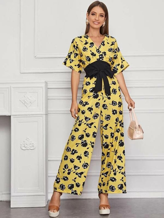 CM-JS220330 Women Casual Seoul Style Short Sleeve Floral Print V-Neck Belted Jumpsuit - Yellow