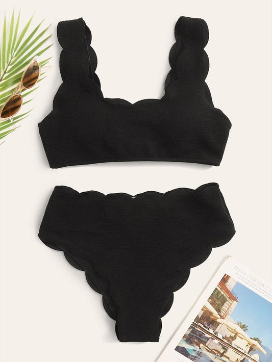 CM-SWS218128 Women Trendy Seoul Style Scallop Trim Top With High Waist Bikini Set - Black