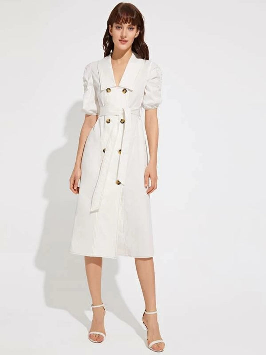 CM-DS221493 Women Elegant Seoul Style Collared Double Breasted Gathered Sleeve Self Belted Dress