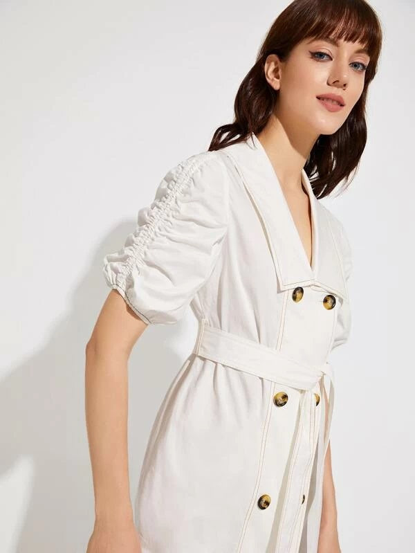 CM-DS221493 Women Elegant Seoul Style Collared Double Breasted Gathered Sleeve Self Belted Dress