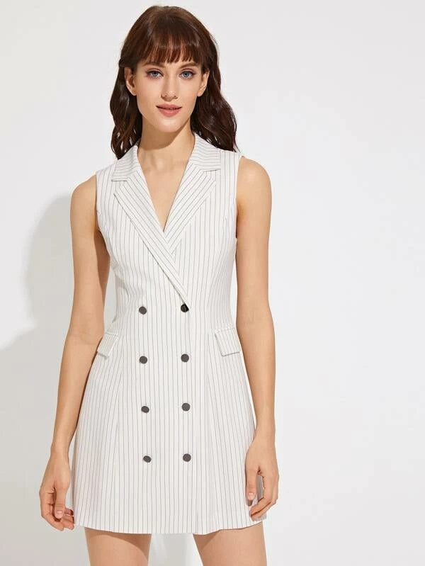 CM-CS211420 Women Elegant Seoul Style Notch Collar Flap Detail Striped Blazer Dress - White