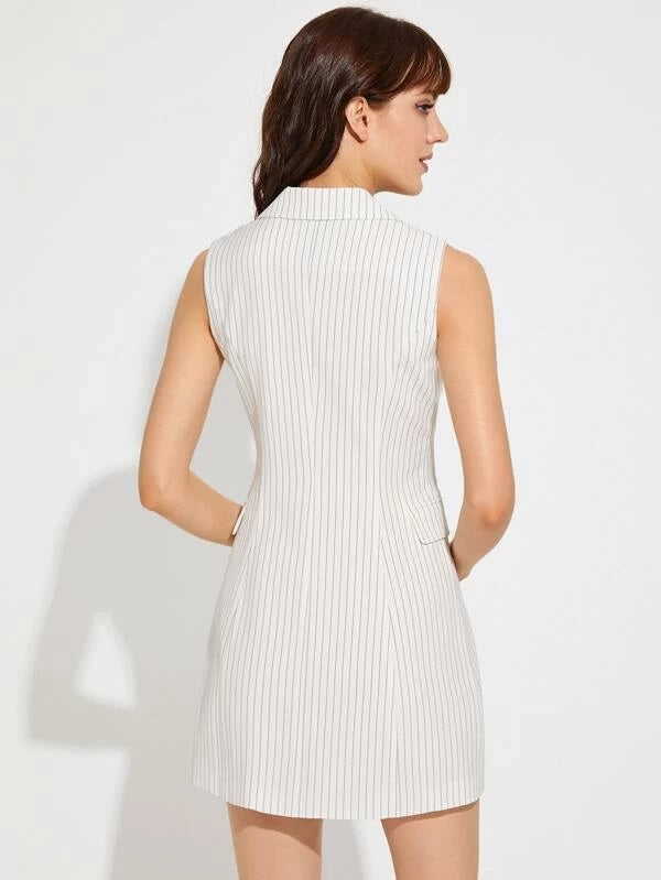 CM-CS211420 Women Elegant Seoul Style Notch Collar Flap Detail Striped Blazer Dress - White