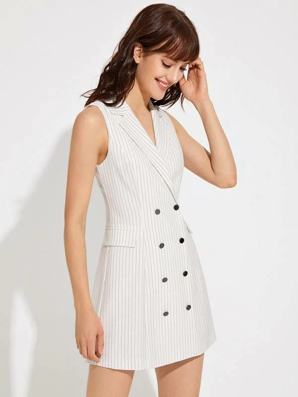 CM-CS211420 Women Elegant Seoul Style Notch Collar Flap Detail Striped Blazer Dress - White