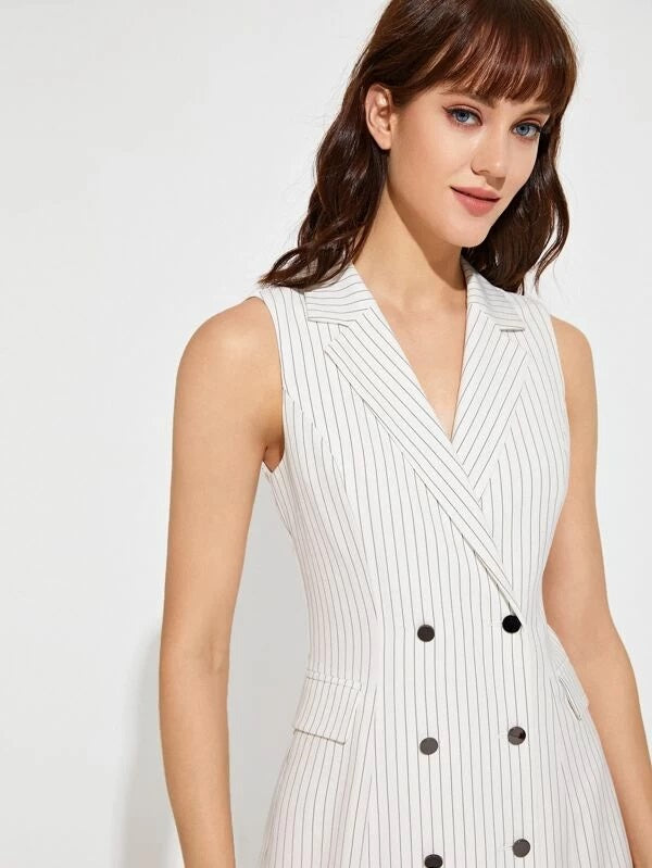 CM-CS211420 Women Elegant Seoul Style Notch Collar Flap Detail Striped Blazer Dress - White