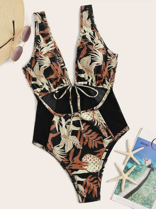 CM-SWS224075 Women Trendy Seoul Style Contrast Mesh Random Plant One Piece Swimsuit