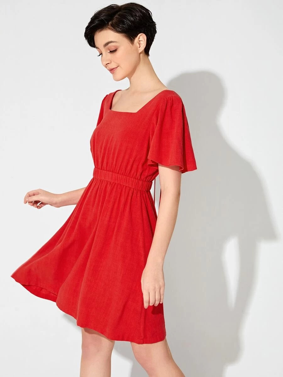CM-DS106404 Women Elegant Seoul Style Square Neck Butterfly Sleeve Lace Up Back Flare Dress - Red