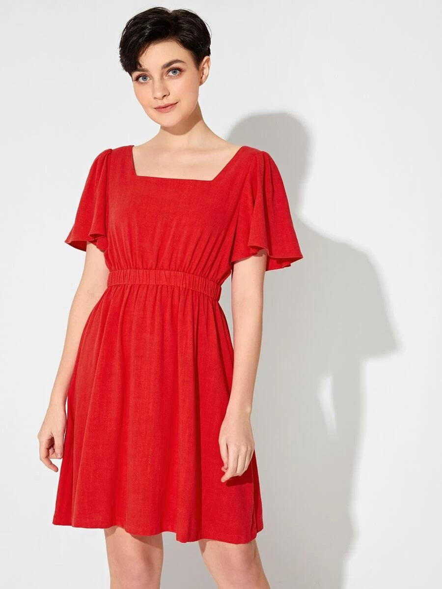 CM-DS106404 Women Elegant Seoul Style Square Neck Butterfly Sleeve Lace Up Back Flare Dress - Red