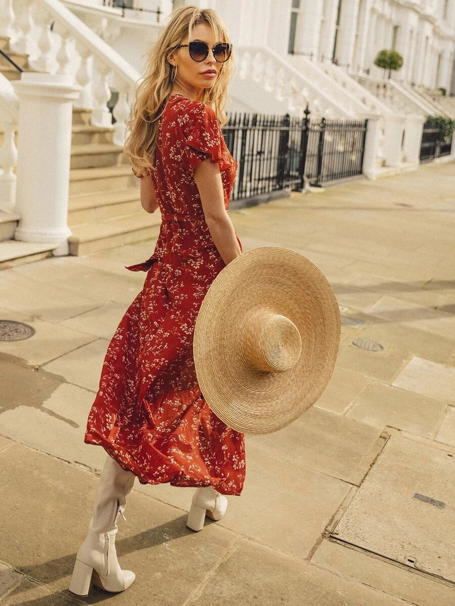 CM-DS113952 Women Trendy Bohemian Style Surplice Neck Split Thigh Self Belted Floral Dress - Red