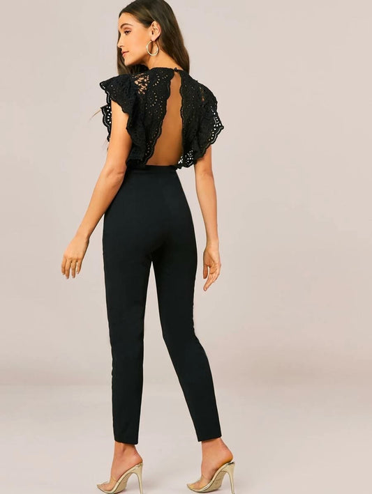 CM-JS219406 Women Elegant Seoul Style Ruffle Armhole Guipure Lace Bodice Backless Jumpsuit - Black
