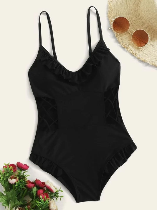 CM-SWS221555 Women Trendy Seoul Style Ruffle Trim Cut-Out One Piece Swimsuit - Black