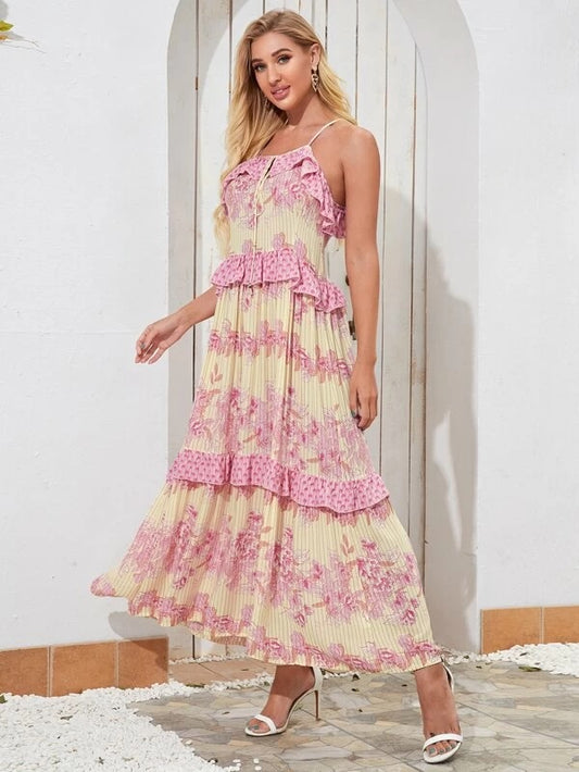 CM-DS219071 Women Elegant Seoul Style Sleeveless Floral And Stripe Print Ruffle Trim Cami Dress