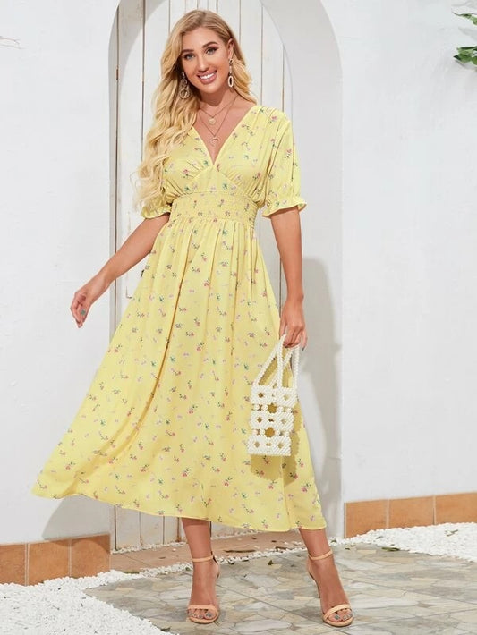 CM-DS203438 Women Casual Seoul Style Short Sleeve Floral Print Open Back A-Line Dress - Yellow