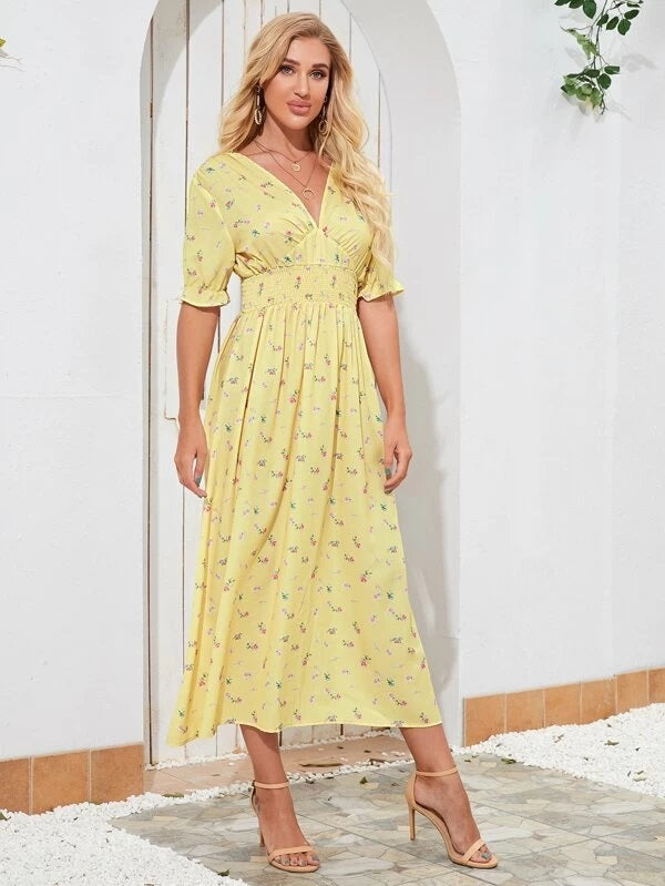 CM-DS203438 Women Casual Seoul Style Short Sleeve Floral Print Open Back A-Line Dress - Yellow
