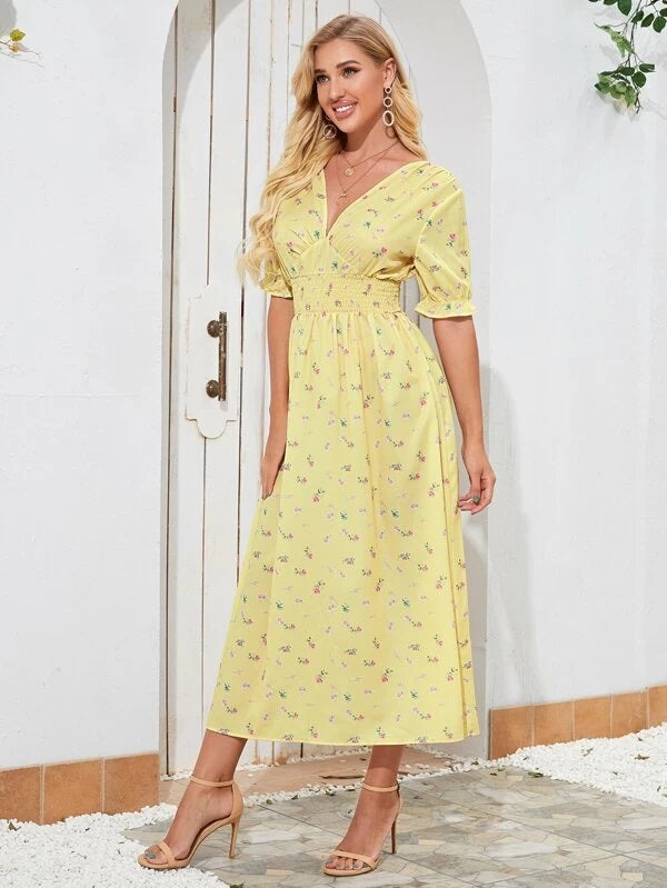 CM-DS203438 Women Casual Seoul Style Short Sleeve Floral Print Open Back A-Line Dress - Yellow