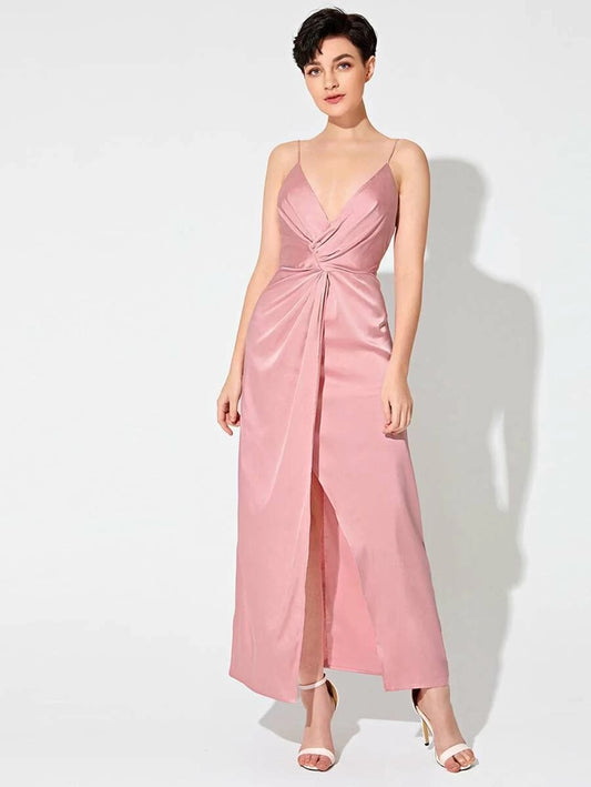 CM-DS107509 Women Elegant Seoul Style Sleeveless Twist Front Satin Cami Wrap Long Dress - Pink