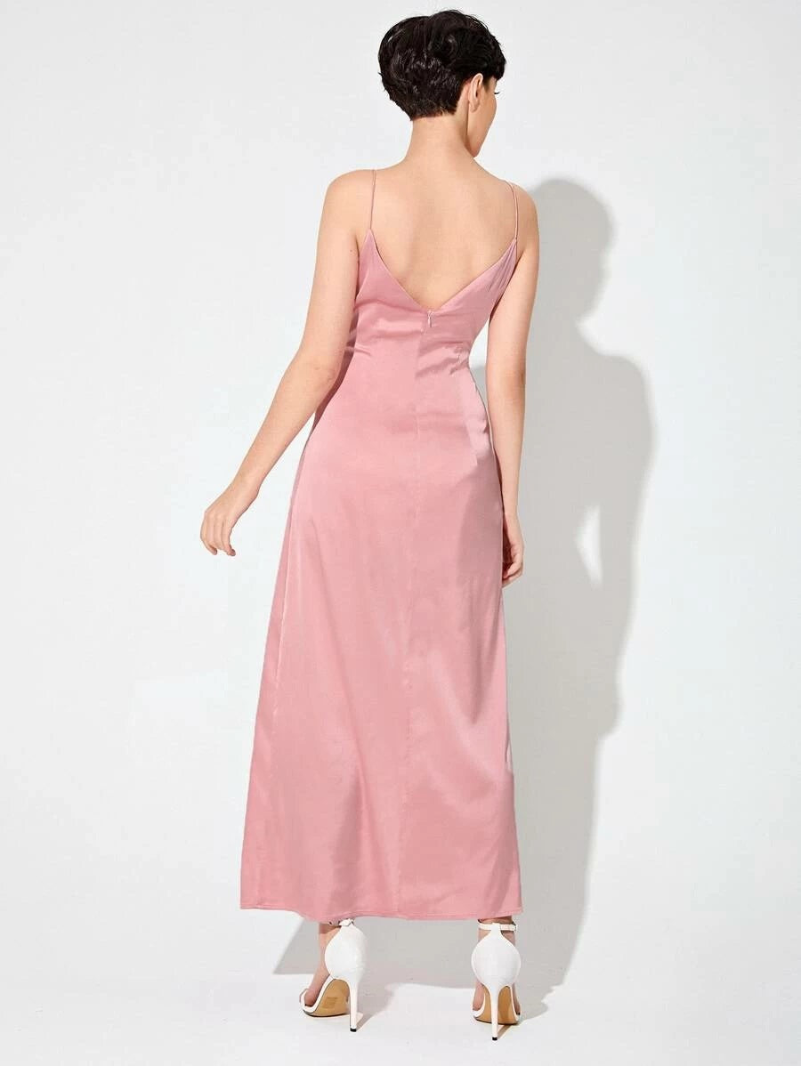 CM-DS107509 Women Elegant Seoul Style Sleeveless Twist Front Satin Cami Wrap Long Dress - Pink