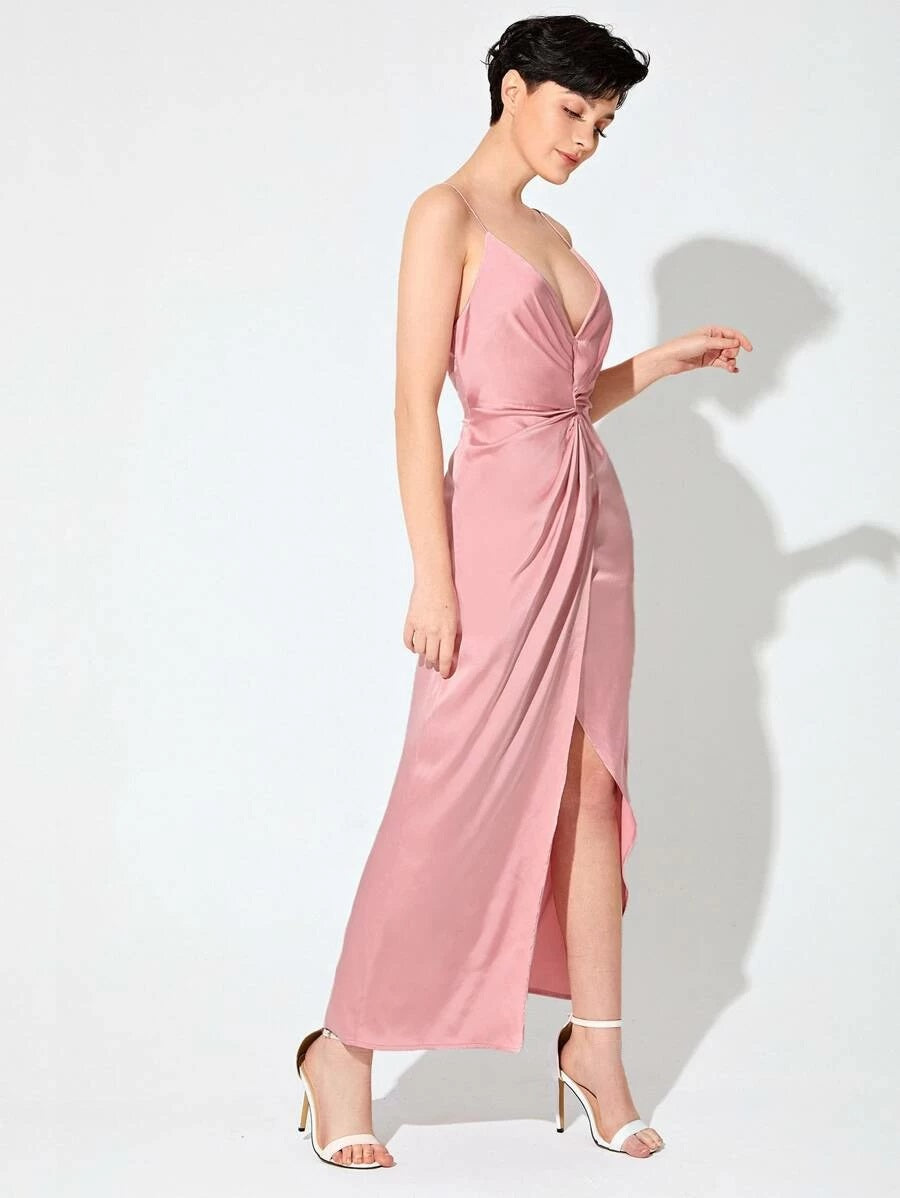 CM-DS107509 Women Elegant Seoul Style Sleeveless Twist Front Satin Cami Wrap Long Dress - Pink